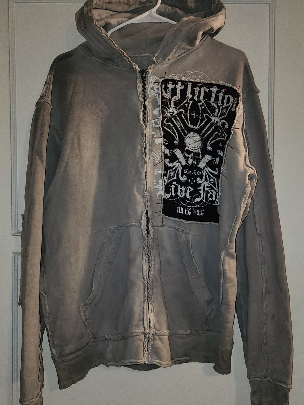 Affliction- Live Fast Distressed Gray Zip-Up Hoodie with Graphic Patch - Men